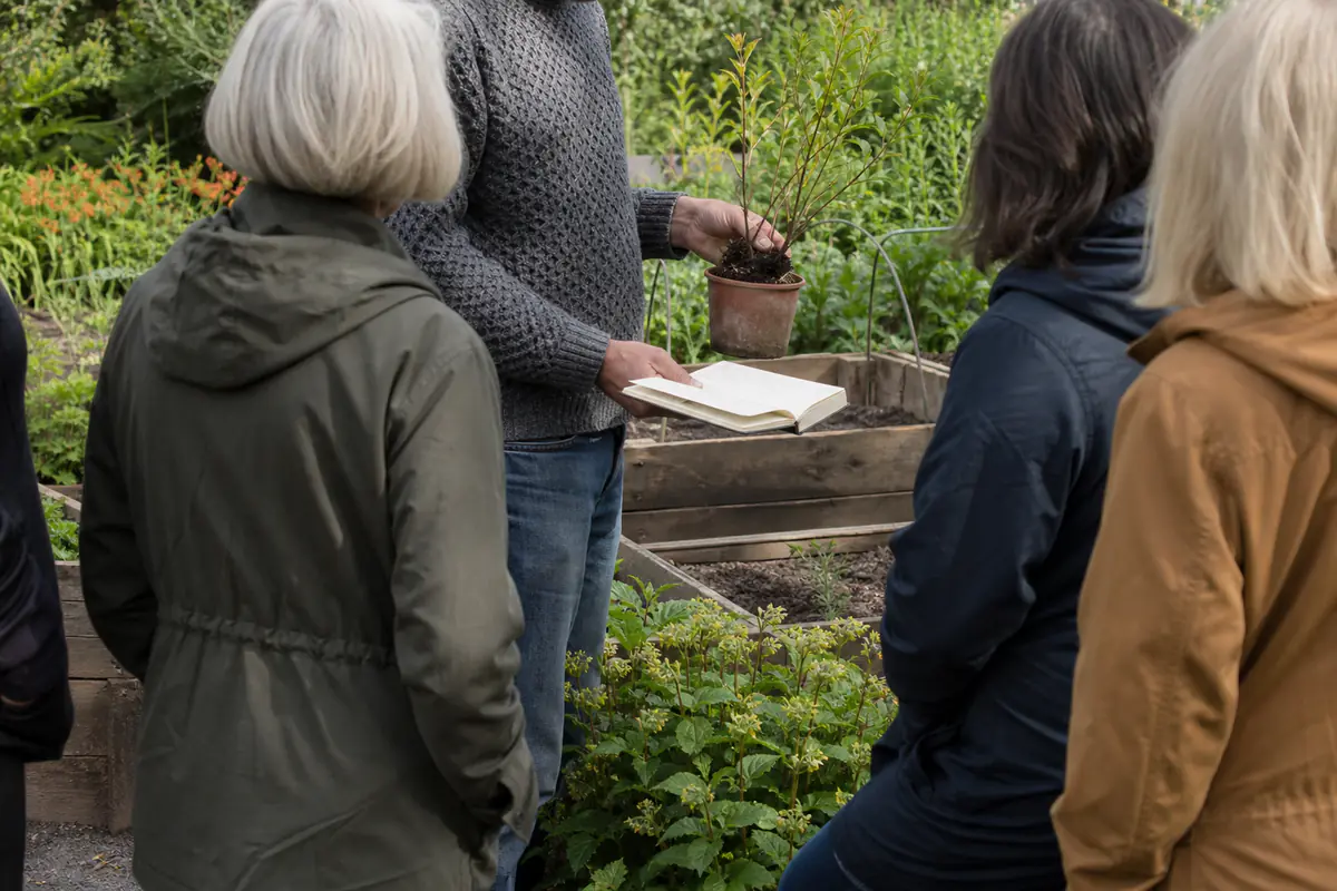 Jardiniers amateurs réunis lors d'une conférence pratique, observant des plantes et prenant des notes dans un jardin français