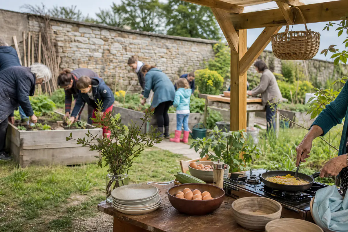 Familles semant dans des bacs potagers avant de partager une omelette collective sous un barnum