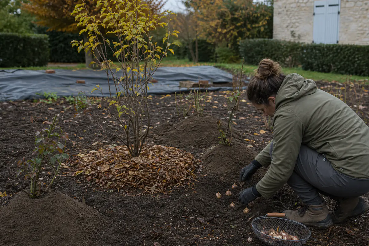 Jardin français en novembre avec rosiers paillés, amélanchier planté et bulbes préparés près d’un massif