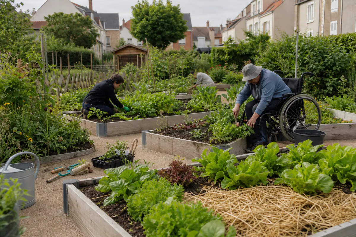 Voisins de tous âges plantant légumes et fleurs dans un jardin partagé urbain avec bacs, paillage et outils