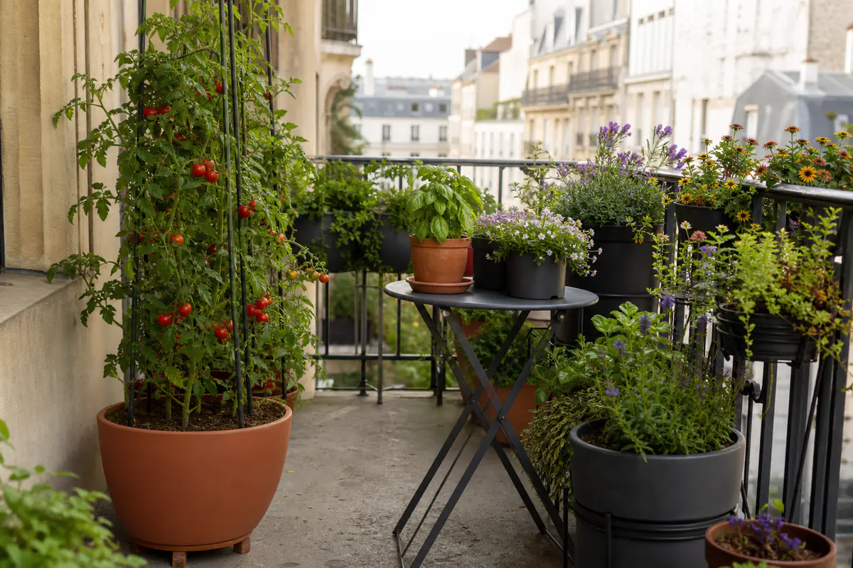 Balcon fleuri de location avec pots réversibles, aromatiques, treillis autonome et table pliante en lumière douce