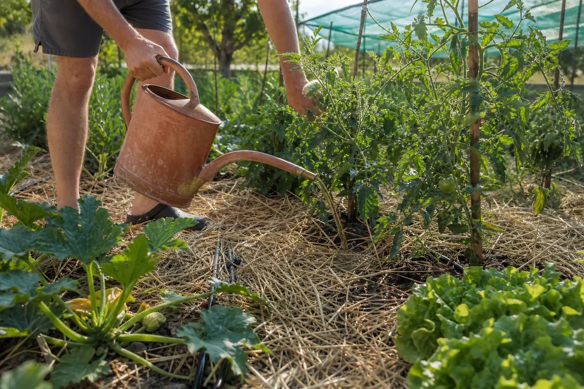 Jardin potager français paillé en été, avec tomates tuteurées et arrosage lent au pied des plantes
