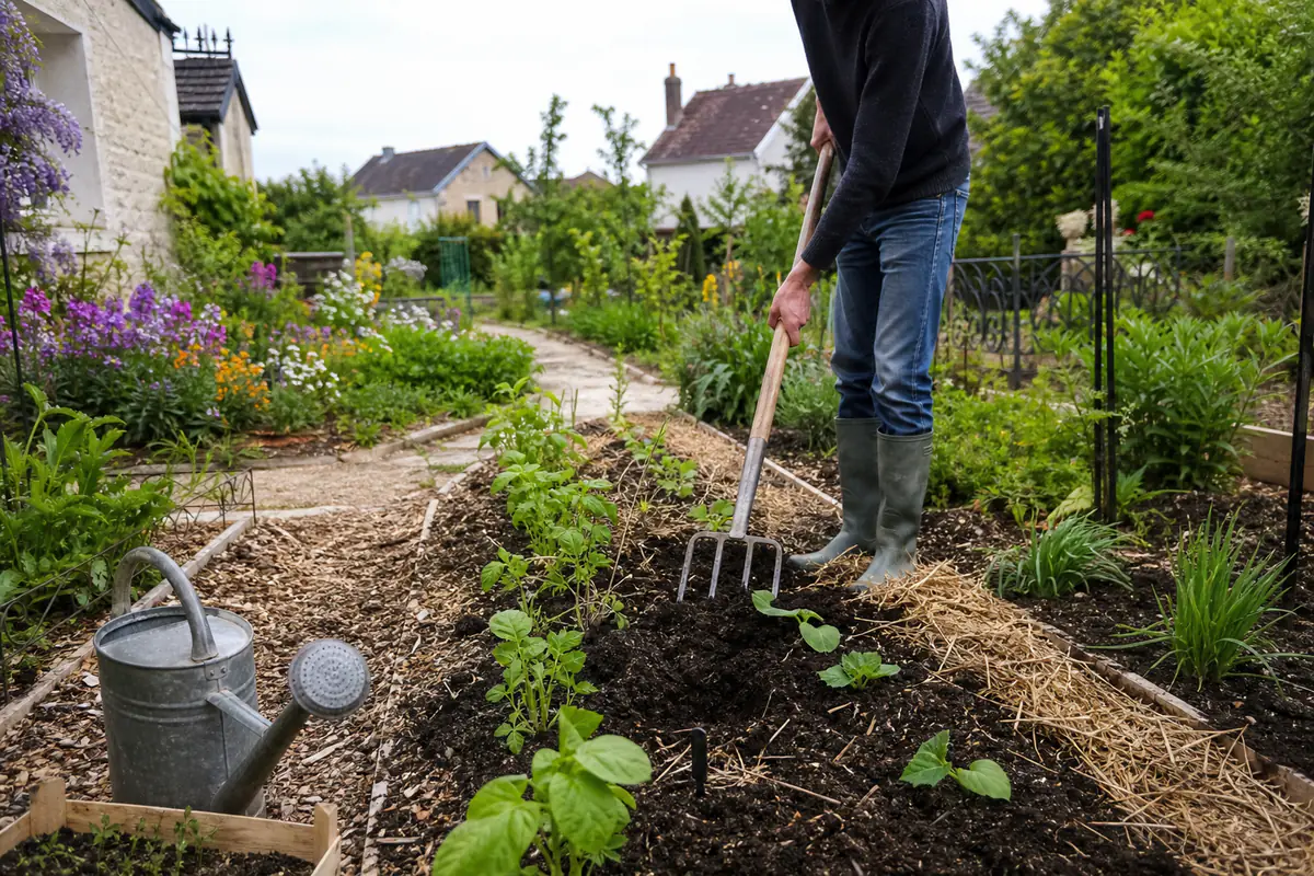 Jardin familial français en préparation avec planches paillées, compost mûr et outils manuels sous lumière douce