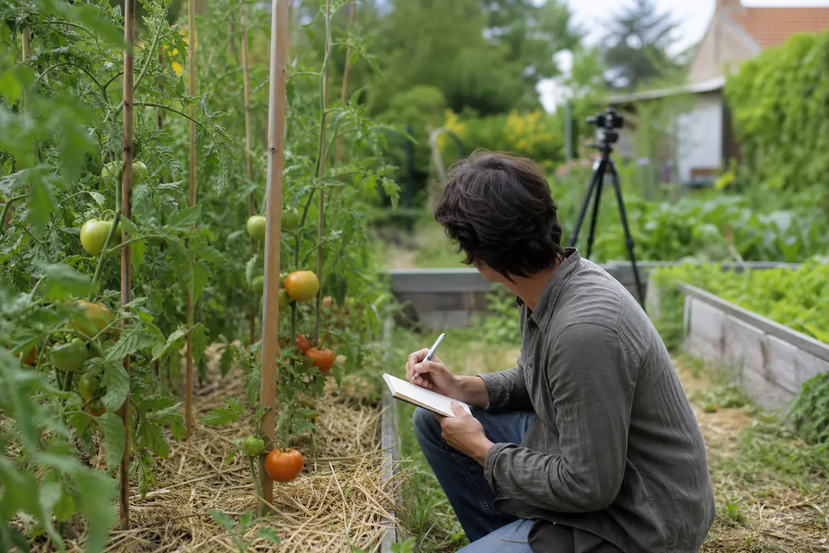 Jardinier observant ses plants de tomates avec un carnet dans un potager familial lumineux près d’une caméra.