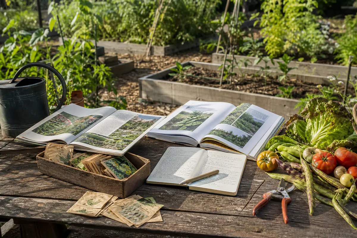 Sélection de livres de jardinage ouverts près de semis, d’un carnet et de légumes fraîchement récoltés