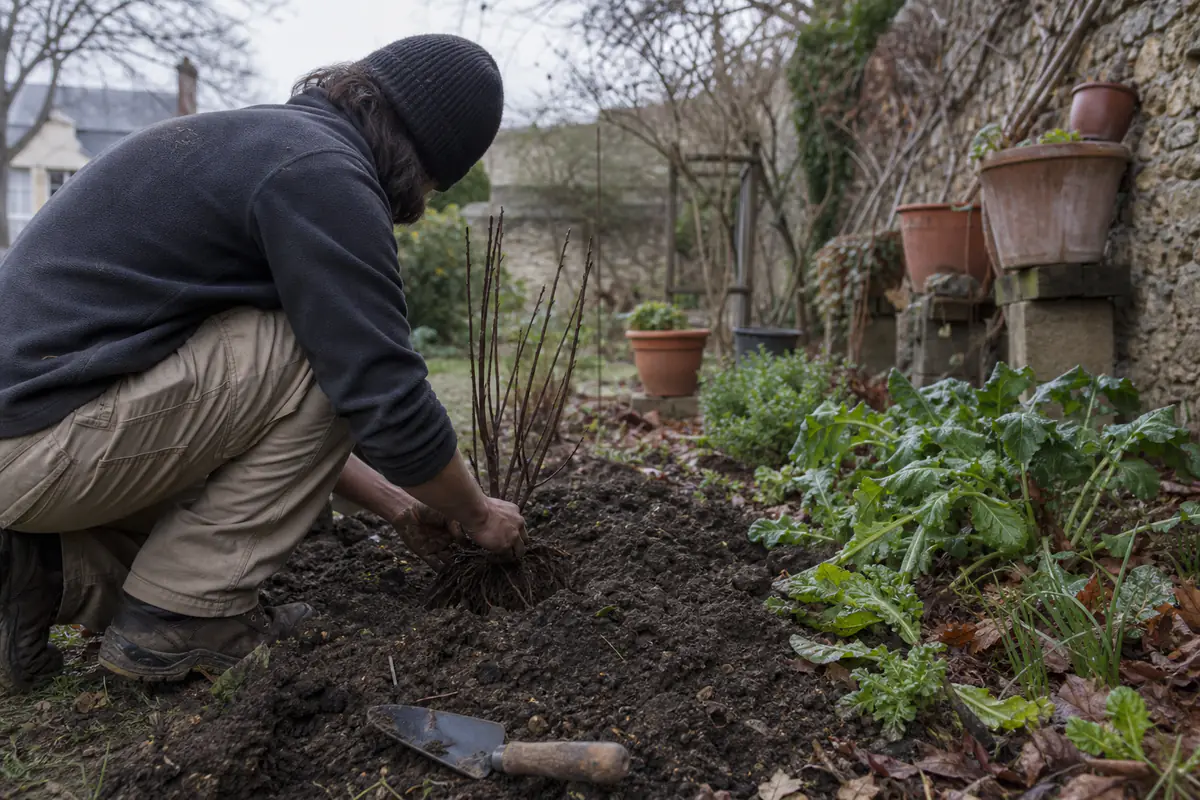 Jardin français en décembre avec potager paillé, arbres au repos et jardinière préparant une plantation