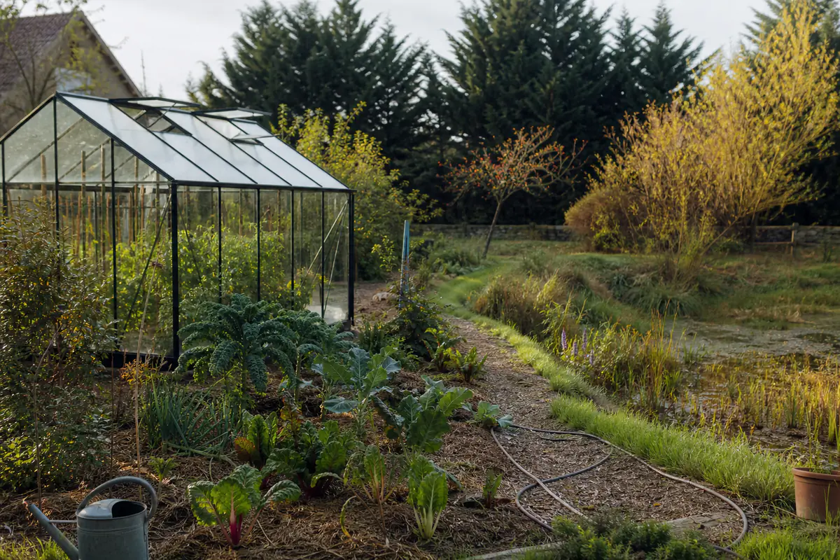 Jardin français avec serre vitrée, paillage et légère dépression végétalisée sous une lumière matinale