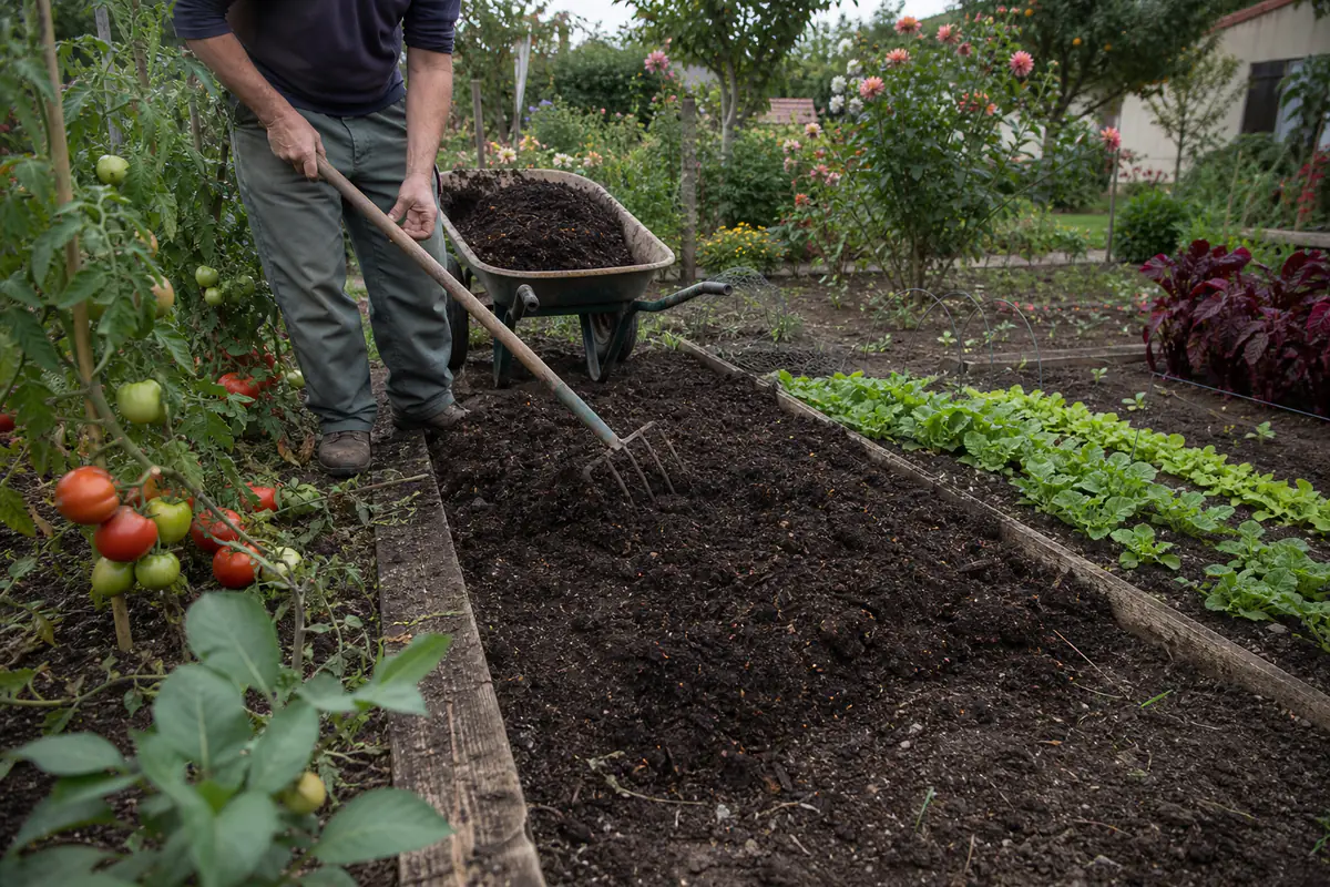 Potager français en septembre avec salades semées, tomates mûres et jardinier préparant une planche