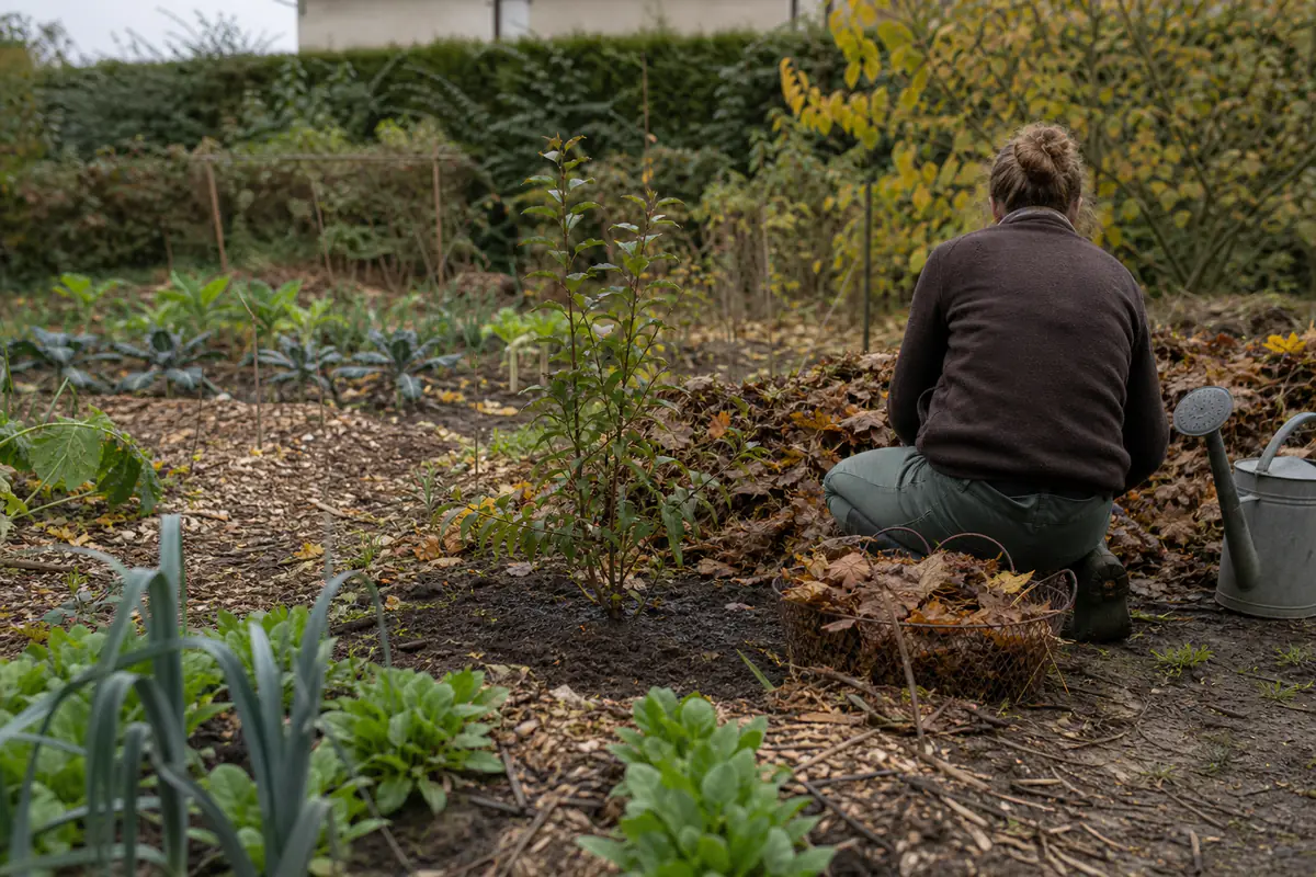 Jardin d’automne français avec massifs paillés, feuilles triées et jeune arbuste arrosé au pied