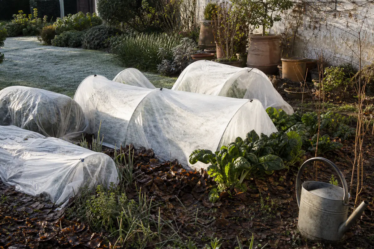 Jardin potager ensoleillé en hiver avec voile sur arceaux, paillage et plantes en pot protégées du gel
