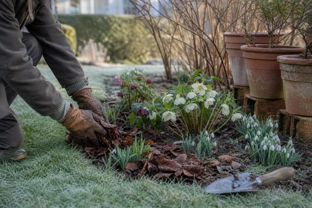 Jardinier protégeant des hellébores et des bulbes en janvier dans un jardin français légèrement givré
