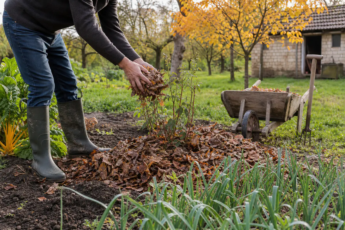 Jardinier étalant un paillage de feuilles autour de jeunes plantations dans un jardin français en automne