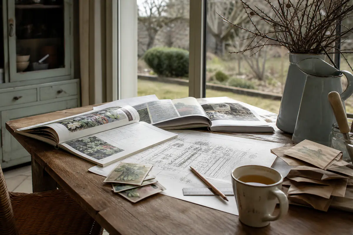 Catalogues de jardinage ouverts sur une table en bois avec plan de potager, sachets de graines et crayon
