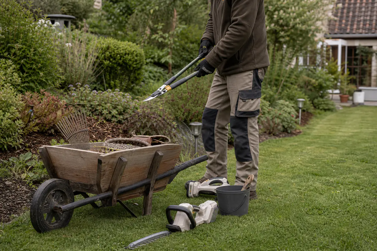 Jardinier indépendant préparant ses outils devant un jardin familial fleuri et soigneusement paillé