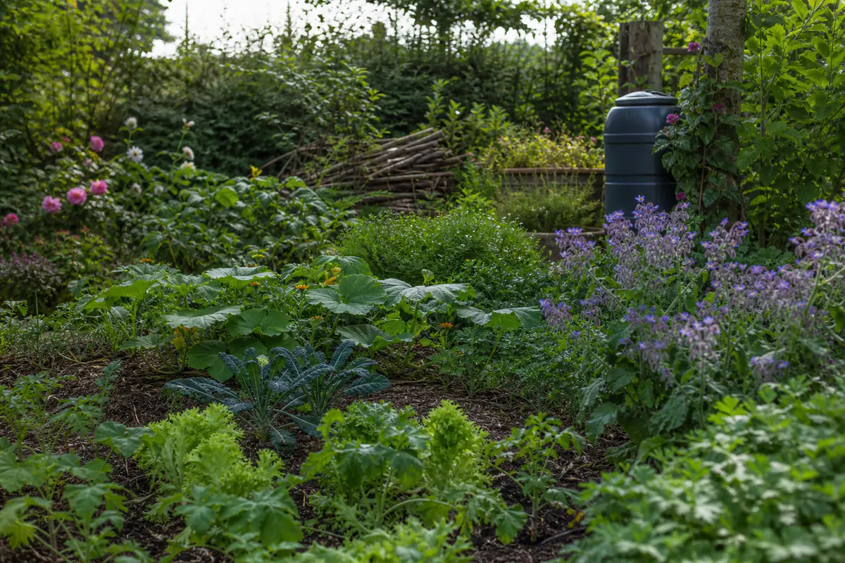 Jardin familial français mêlant potager paillé, vivaces mellifères, récupération d’eau et coin sauvage