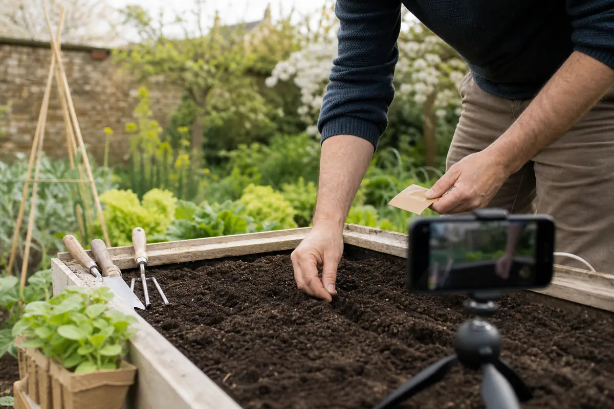 Jardinier filmant un semis de radis en bac avec un téléphone sur trépied dans un potager familial lumineux