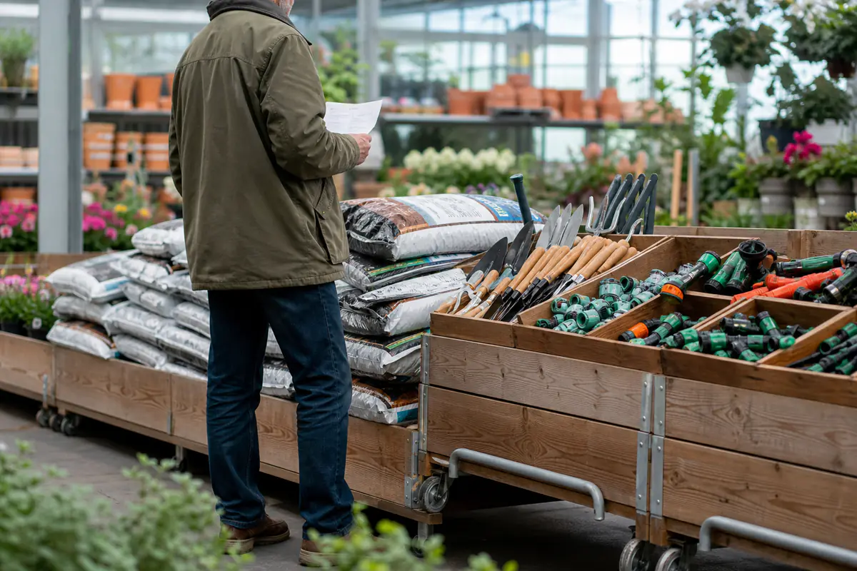 Jardinier comparant des sacs de terreau et des outils dans une allée de magasin de jardinage