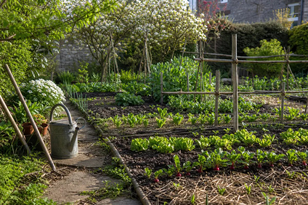 Jardin potager français organisé en carrés, avec légumes, paillage et outils au début du printemps