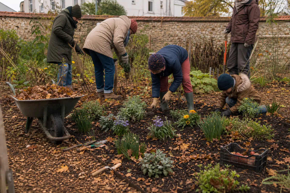 Participants de tous âges paillant un massif et plantant des bulbes lors d’un atelier de jardinage d’automne