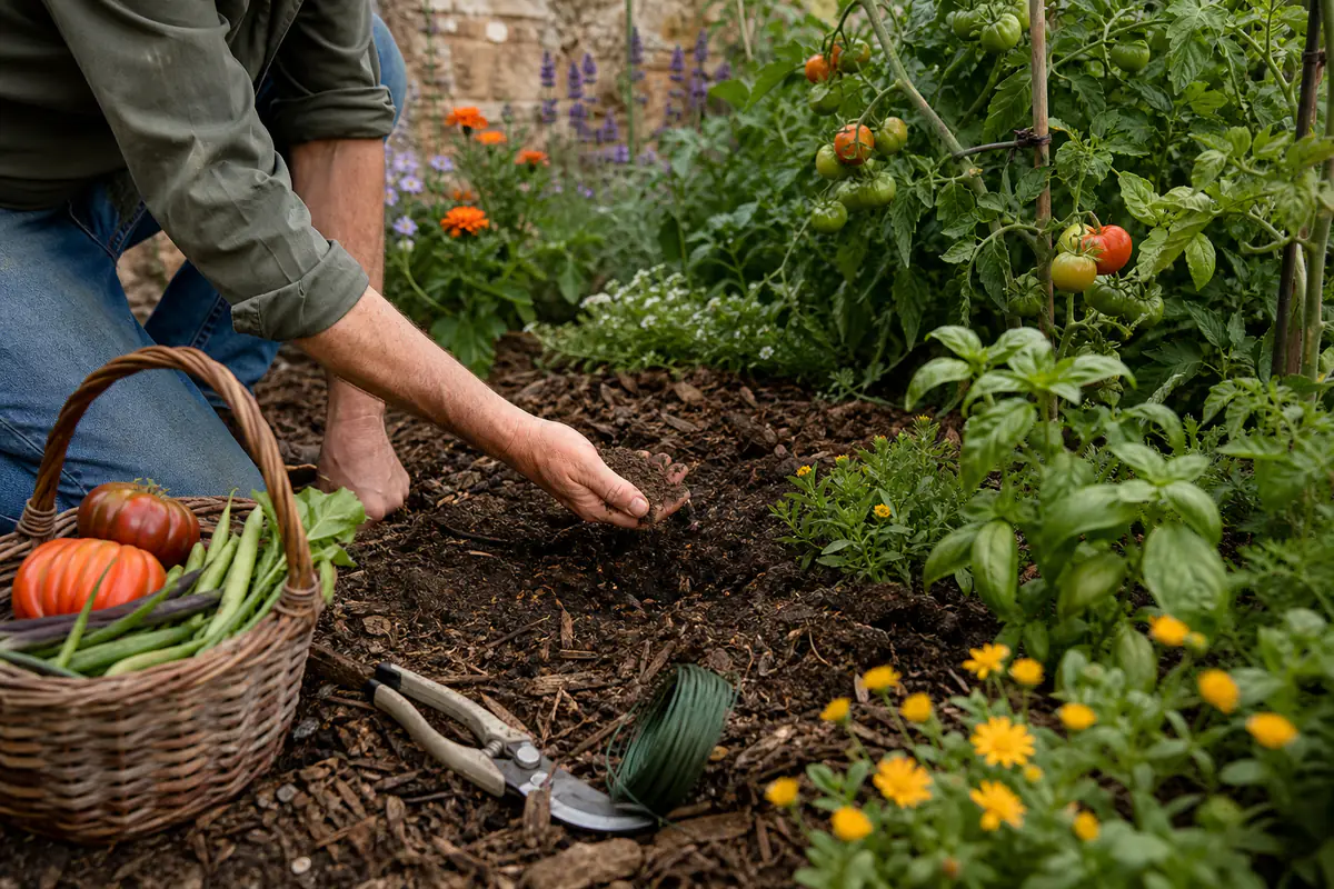 Jardinier observant l’humidité d’un potager paillé, sécateur et panier de récolte à portée de main