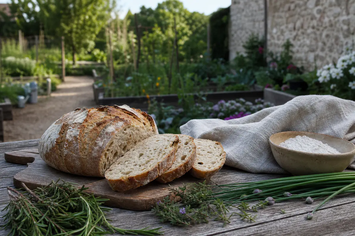 Miche de pain au levain aux herbes fraîches posée sur une table de jardin près d’un potager aromatique