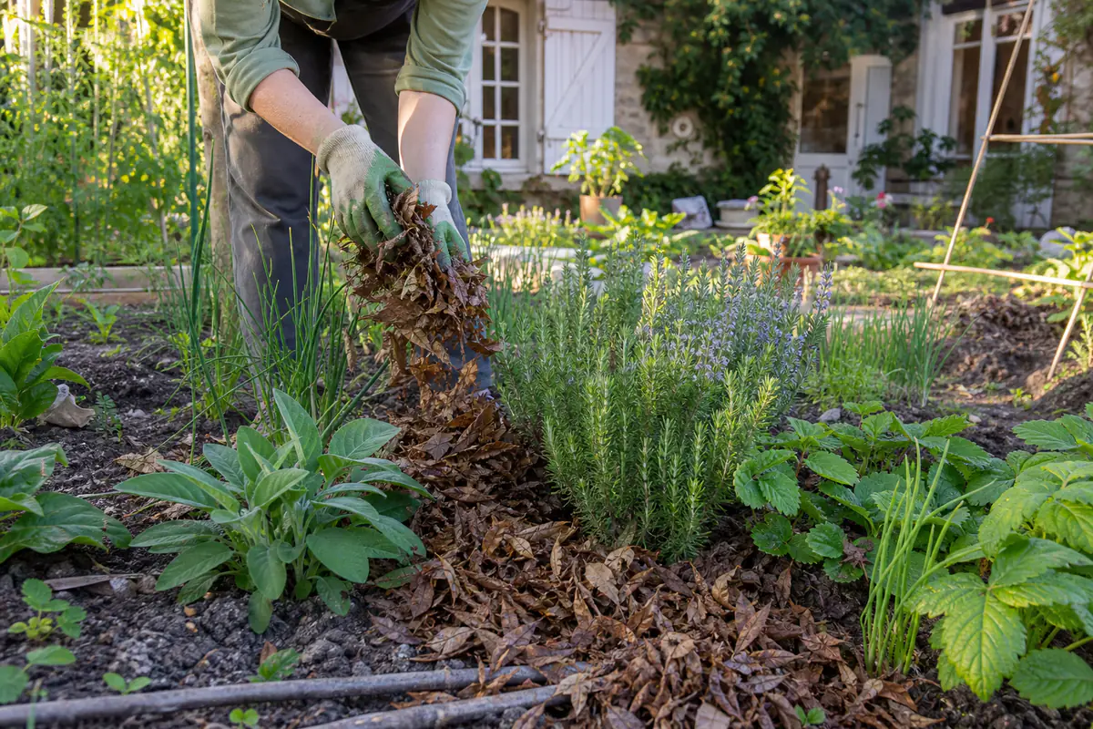 Jardinier paillant un massif fleuri dans un jardin français naturel, calme et généreusement planté
