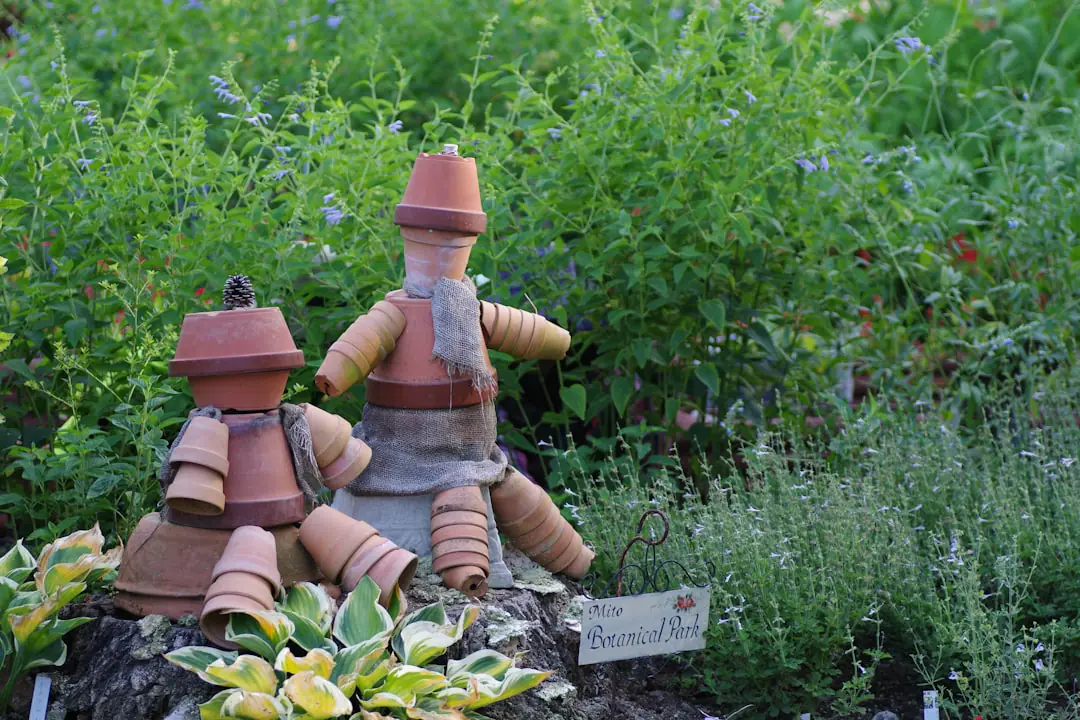 Jardin français en automne avec feuilles saines paillées, jeune arbuste planté et outils posés sur le sol
