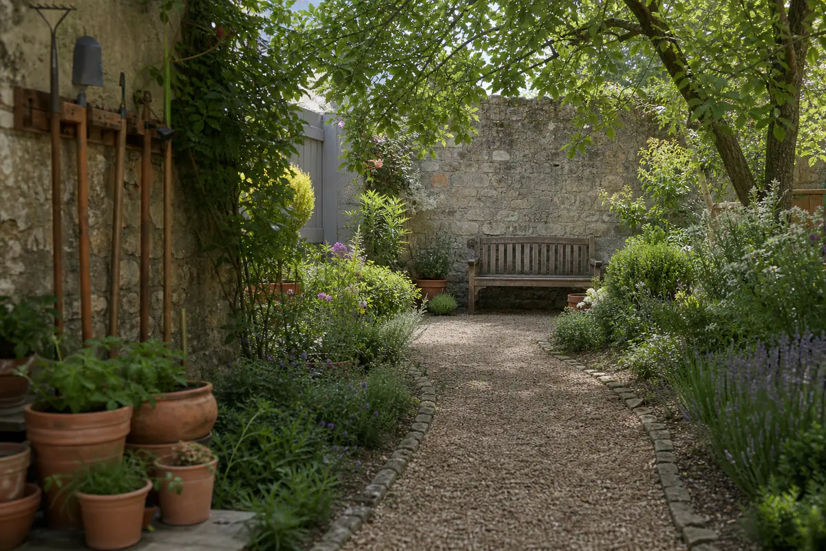 Jardin familial français organisé avec chemin dégagé, massifs paillés, banc en bois et outils soigneusement rangés