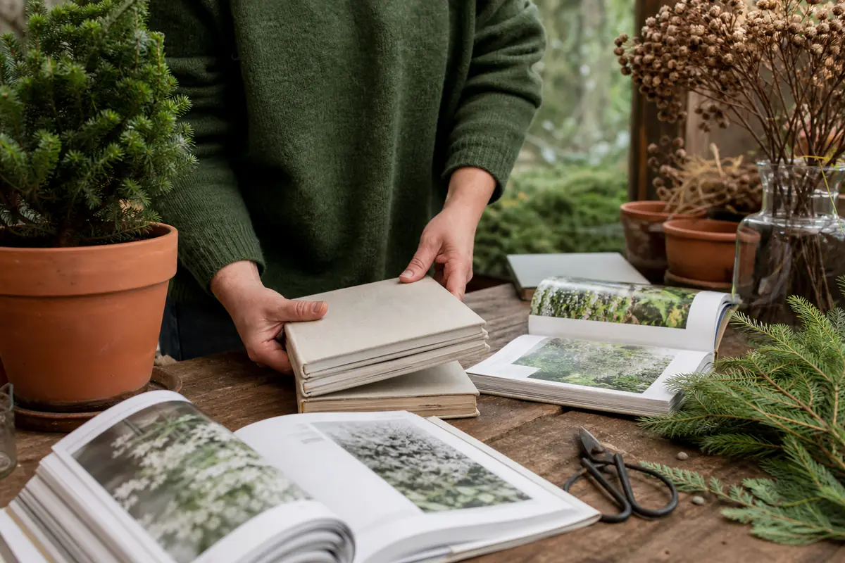 Sélection de livres de jardinage ouverts sur une table en bois, près de pots et feuillage hivernal lumineux.