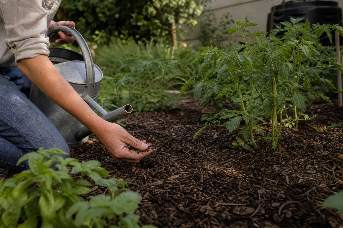 Jardinier débutant observant son potager paillé, arrosoir en main, parmi des plants bien espacés