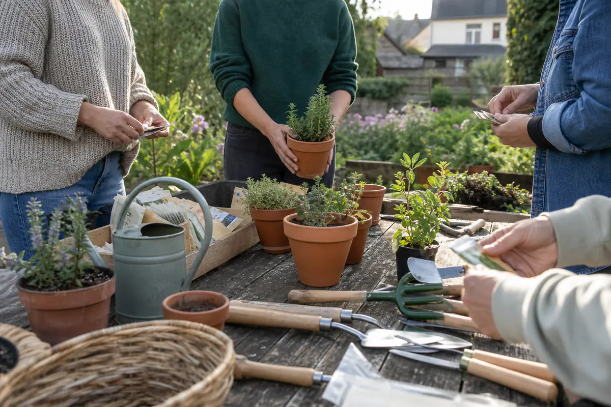 Participants réunis autour d’une table de jardin pour trier graines, outils et plants lors d’un atelier collectif