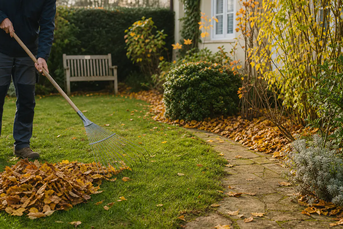 Jardin français en automne avec feuilles rassemblées sur une pelouse et paillage naturel sous des arbustes