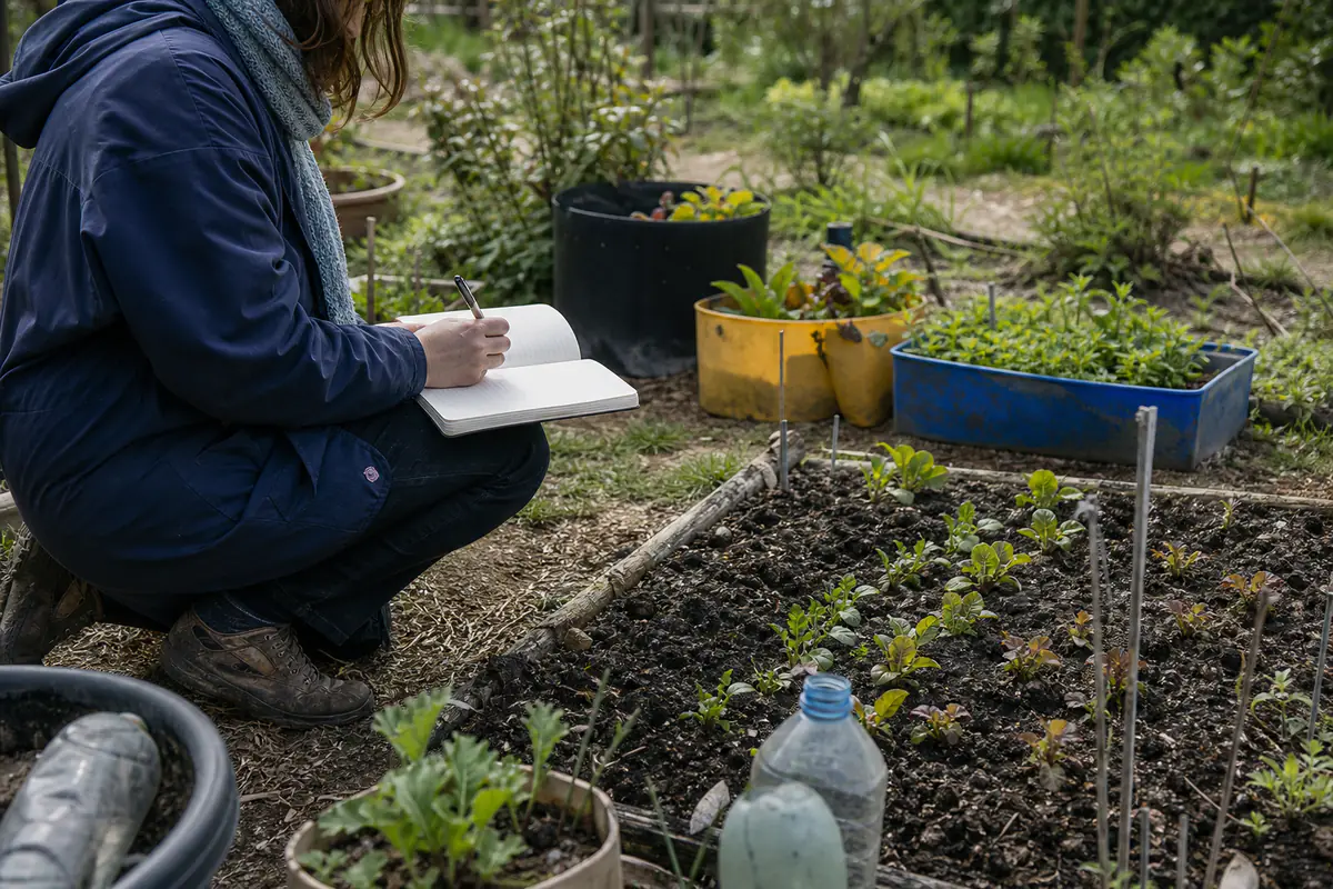 Jardinière débutante notant ses semis dans un carnet près d’un petit potager partagé ensoleillé
