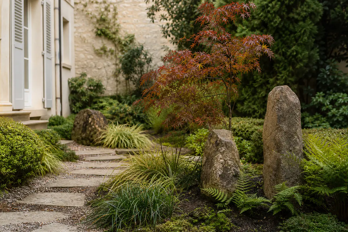Petit jardin français d’inspiration japonaise avec pierres ancrées, érable, fougères et chemin de pas japonais