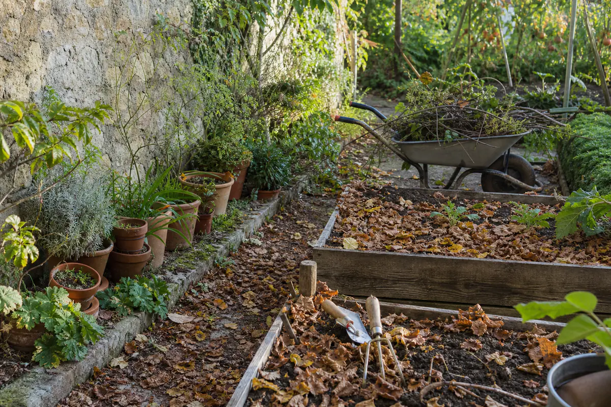 Jardin potager français en automne avec planches paillées, feuilles ramassées et outils prêts pour l’hiver