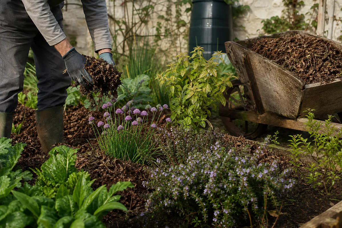 Jardinier français paillant un massif fleuri avec des feuilles et du compost dans un jardin familial lumineux
