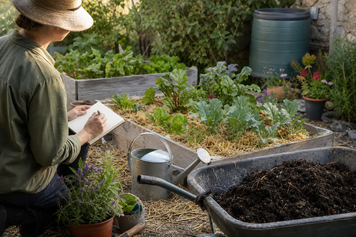 Jardinier organisant un carnet, du compost et du paillage dans un potager familial lumineux