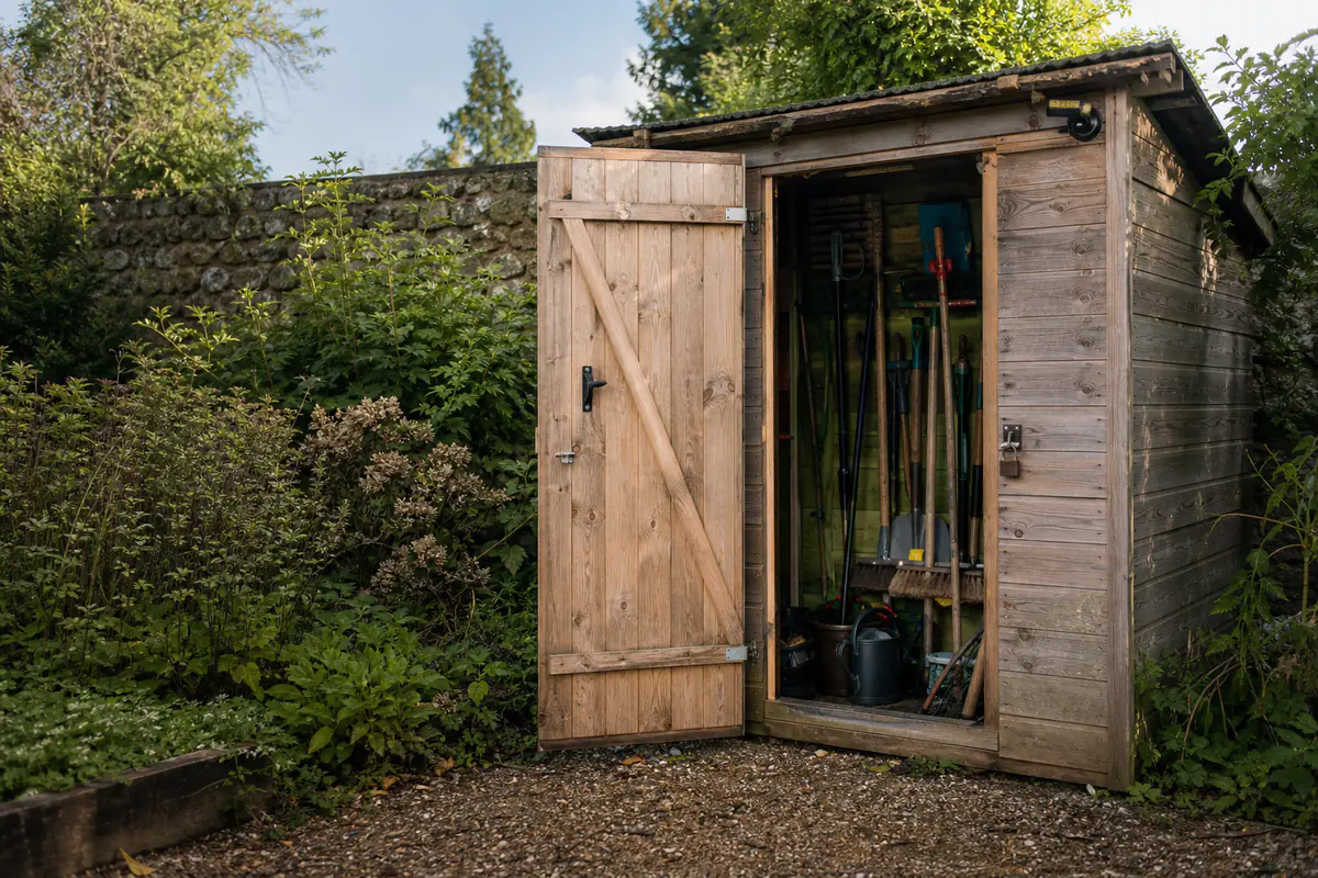 Abri de jardin fermé avec outils rangés, cadenas et éclairage discret dans un jardin familial français