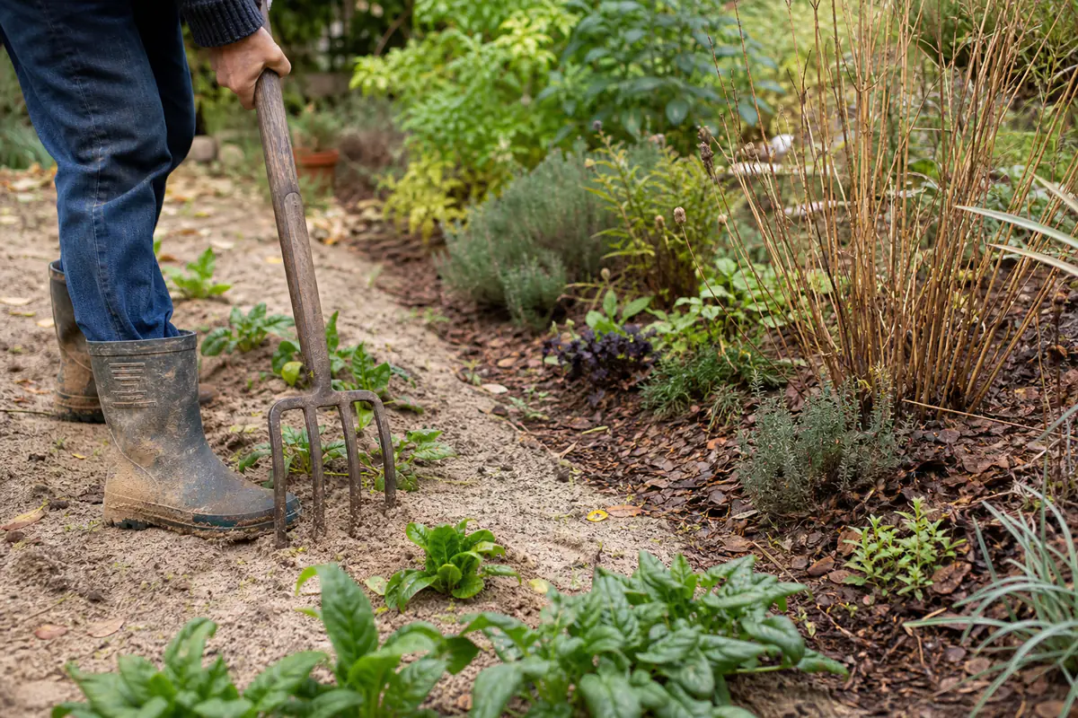 Jardinier ameublissant à la fourche une terre de potager paillée, entre massifs fleuris et sol sableux