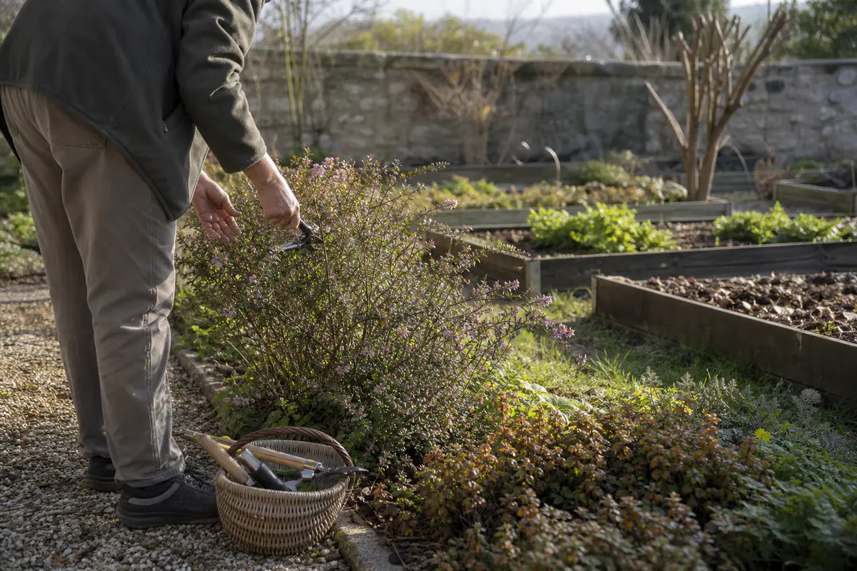 Jardinier senior taillant un arbuste bas au sécateur dans un jardin français paillé et accessible
