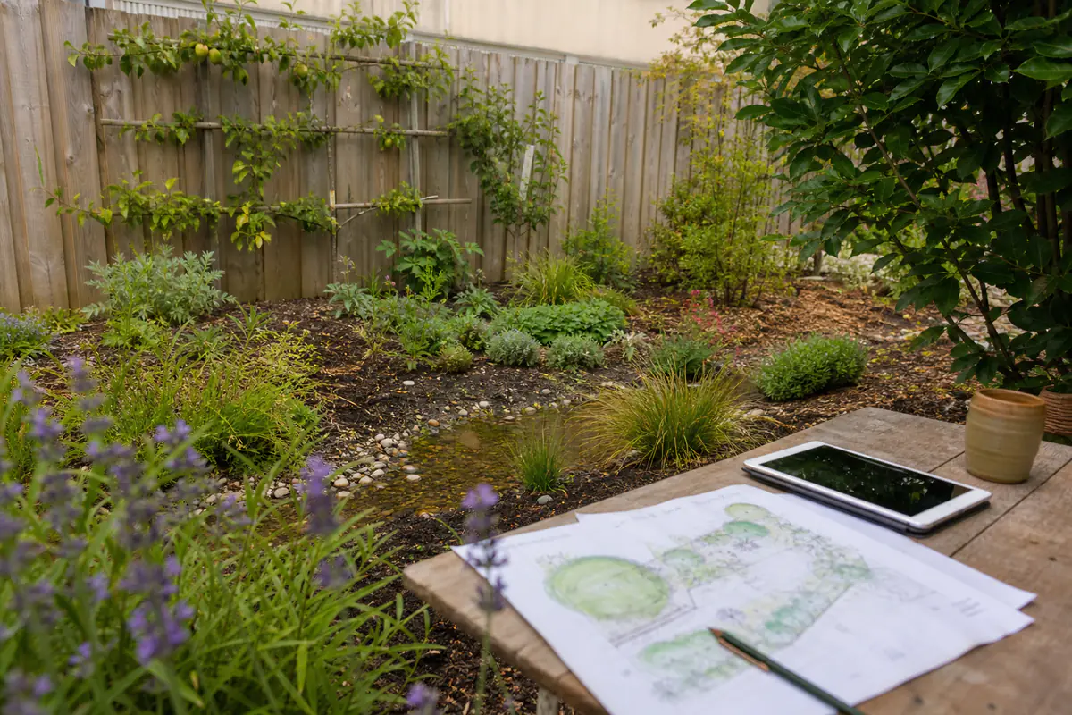 Jardin familial français associant jeune pommier palissé, noue végétalisée, paillage et plan de plantation sur tablette