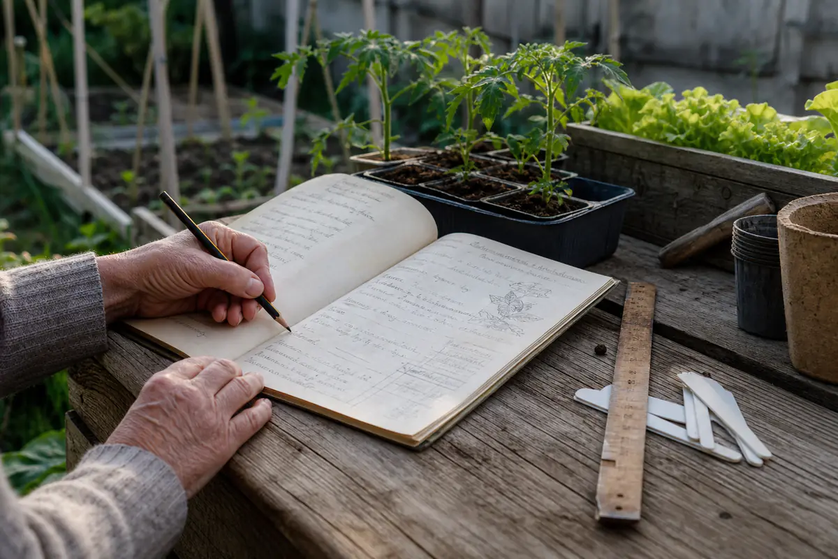 Carnet ouvert sur une table de jardin près de jeunes plants étiquetés et d’un mètre pliant