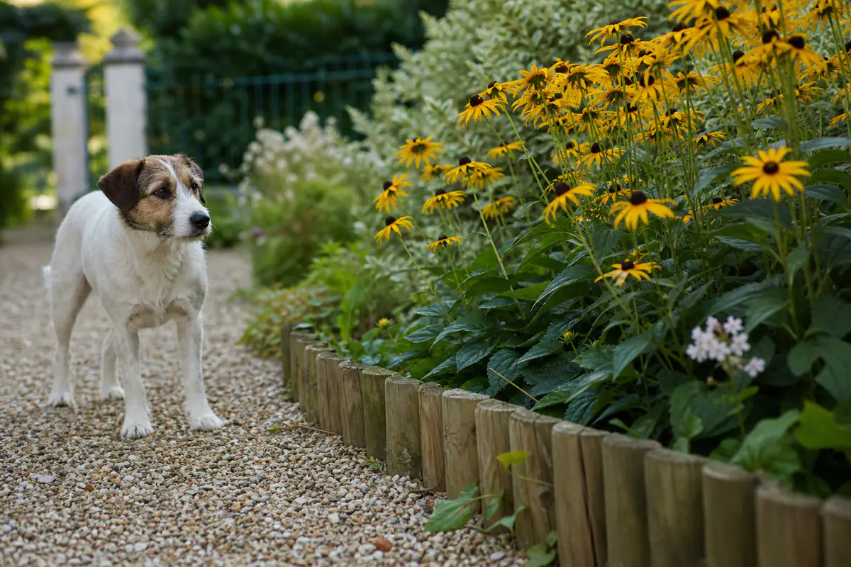 Chien curieux devant un massif de fleurs jaunes fréquenté par des bourdons dans un jardin familial fleuri.