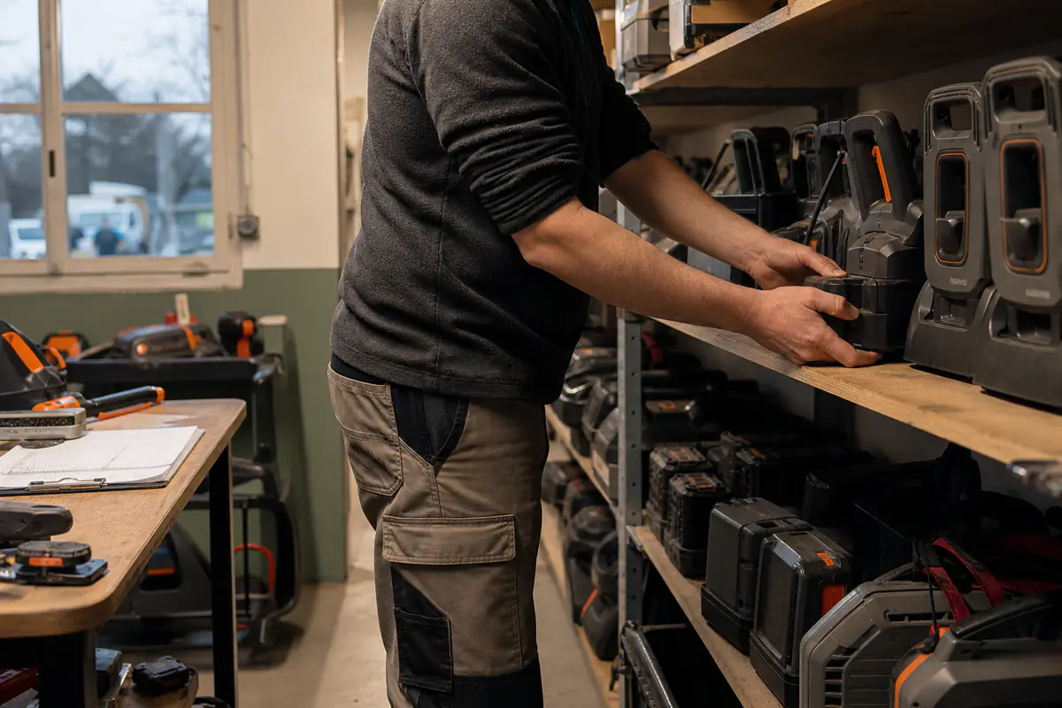 Employé rangeant des outils motorisés et batteries dans une réserve sécurisée de magasin de jardinage