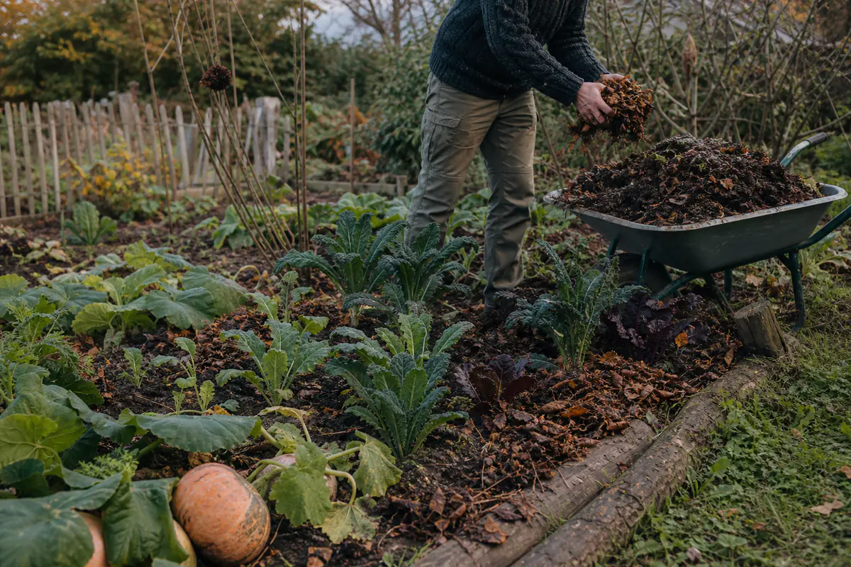 Jardinier français paillant un potager de fin de saison avec des feuilles sèches et du compost mûr